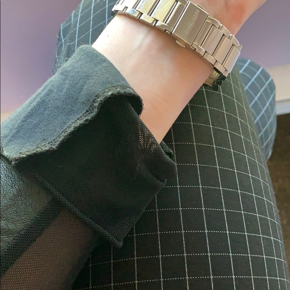 BCBG | Mesh & Faux Leather Heather Grey Cardigan - Picture 4 of 8